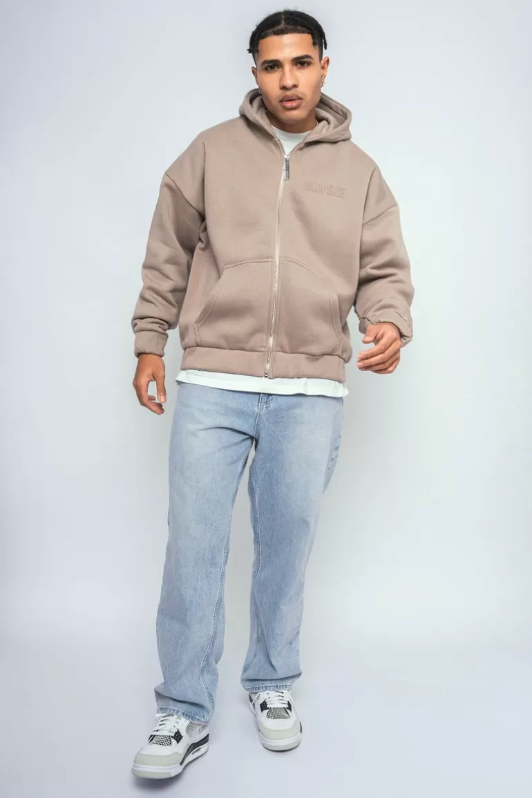 Cheap Dropsize Super Heavy Oversize Logo Zip Hoodie Simply Taupe